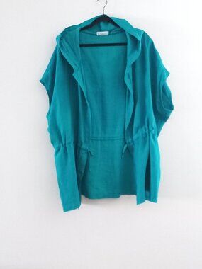 BRYN WALKER teal turquoise linen sleeveless open hooded cardigan vest